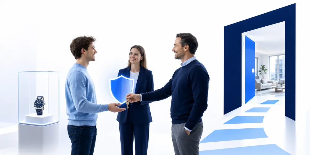 Remise d'un bouclier bleu entre deux personnes, devant la vitrine d'un bien certifié.